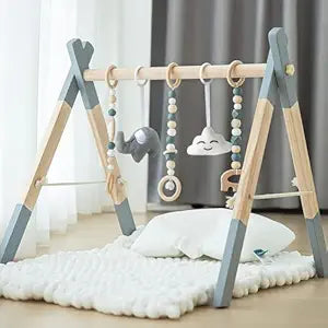 Gimnasio Plegable de Madera Natural para Niño - Con 5 Juguetes de Actividad